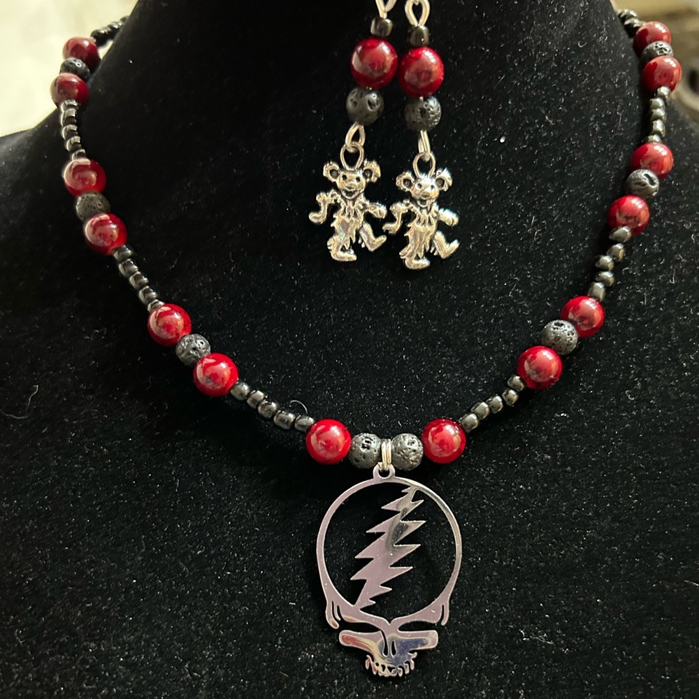 Grateful Dead “Stealie” necklace & bear earrings.  OOAK, Artisan Handmade w/love
